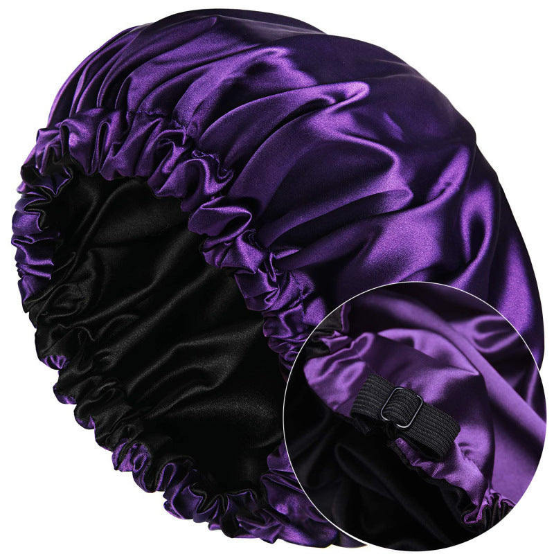 Cross-Border Source Of Double-Layer Satin Night Women's Long Hair Confinement Hair Care Chemotherapy Hat Wide-Brim Elastic Adjustment Buckle Hat