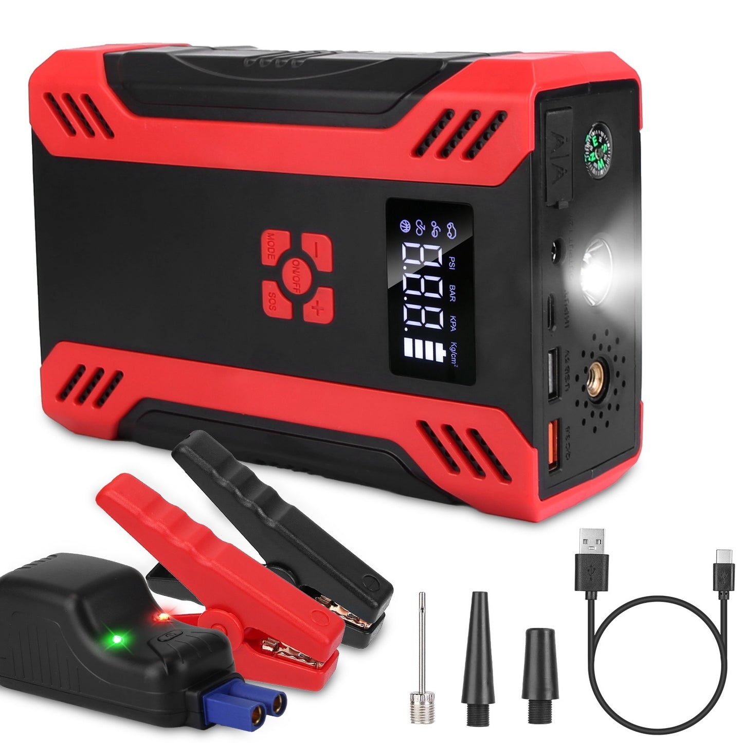 1Pc Car Jump Starter With Air Compressor Portable Car Battery Booster With Digital Tire Inflator With 2000mAh Peak Current For 12V Car 6.5L Gas Or 4.0L Diesel Engines