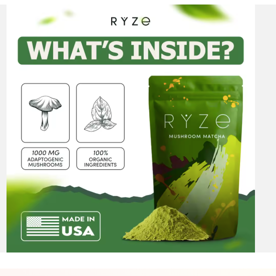 RYZE-Style Organic Mushroom Matcha Powder – Ceremonial Grade Green Tea with 6 Adaptogenic Mushrooms for Calm Energy, Focus & Immunity | Premium Matcha Latte Blend With Spoon