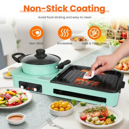 Electric Grill And Hot Pot Combo - 1600W Smokeless Korean BBQ Grill With Dual-Zone Cooking Non-Stick Surface & Adjustable Temp Control For 3-6 People IndoorOutdoor Use