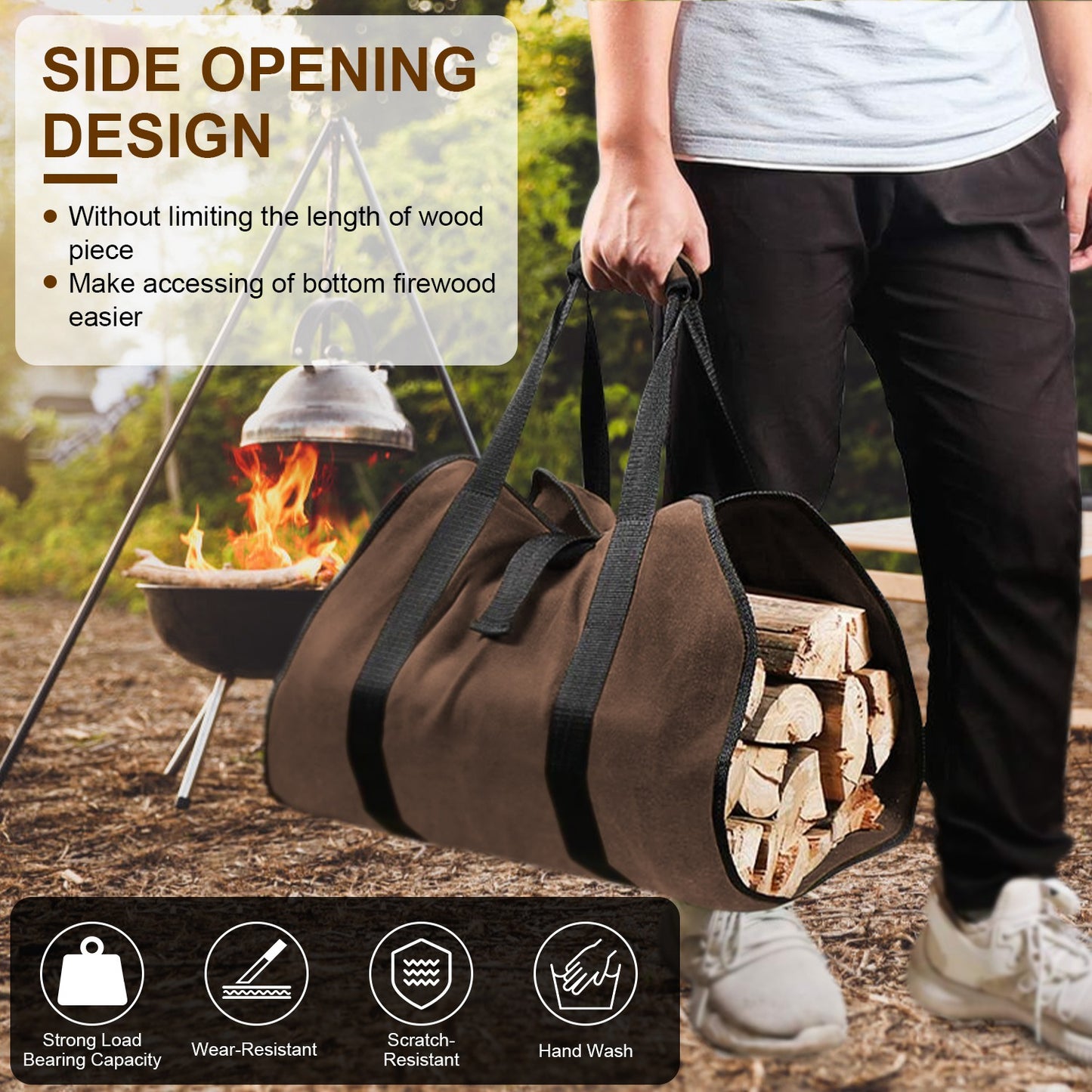 1Pc Firewood Carrier Bag With Handle Durable Wear Resistant Fireplace Logs Holder Side Opening Wood Storage Carrying Bag For Indoor Fireplace Outdoor Camping