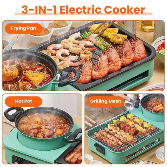 Electric Grill And Hot Pot Combo - 1600W Smokeless Korean BBQ Grill With Dual-Zone Cooking Non-Stick Surface & Adjustable Temp Control For 3-6 People IndoorOutdoor Use
