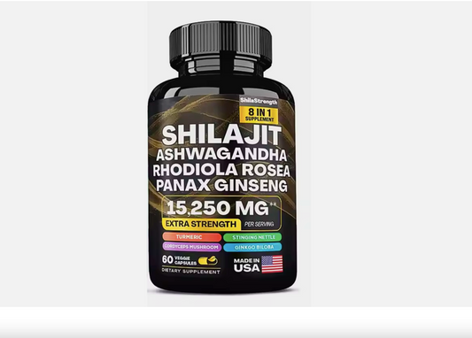 Shilajit 9000 Panax Ginseng 1500MG Ashwagandha 2000MG Rhodiola Rosea 1000MG, Turmeric 500MG, Gingko Biloba 500MG, Stinging Nettle 250MG, Cordyceps Mushroom 500MG (60 Caps) (Set of 2 bottles=120 capsules)