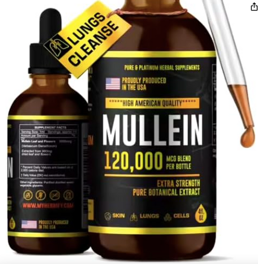 Mullein Leaf Drops for Lung Cleanse, Extract Tincture for Respiratory Health, Extra Strength Immune Support, Lung Cleanse, Detox & Respiratory Support Mullein Drops, American Quality 4Fl Oz