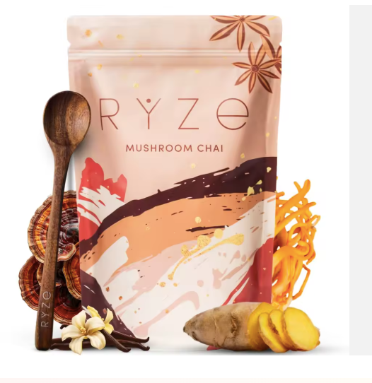 RYZE-Style Decaf Mushroom Chai Latte – Caffeine-Free Adaptogenic Blend with Lion’s Mane, Turkey Tail & Shiitake for Focus, Calm Energy & Immune Support | Organic Chai Mushroom Coffee Alternative 20 Servings