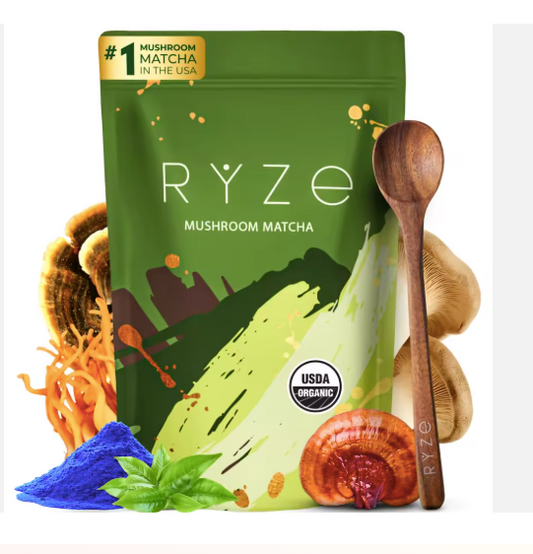 RYZE-Style Organic Mushroom Matcha Powder – Ceremonial Grade Green Tea with 6 Adaptogenic Mushrooms for Calm Energy, Focus & Immunity | Premium Matcha Latte Blend With Spoon