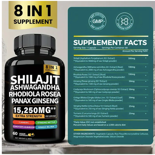 Shilajit 9000 Panax Ginseng 1500MG Ashwagandha 2000MG Rhodiola Rosea 1000MG, Turmeric 500MG, Gingko Biloba 500MG, Stinging Nettle 250MG, Cordyceps Mushroom 500MG (60 Caps) (Set of 2 bottles=120 capsules)