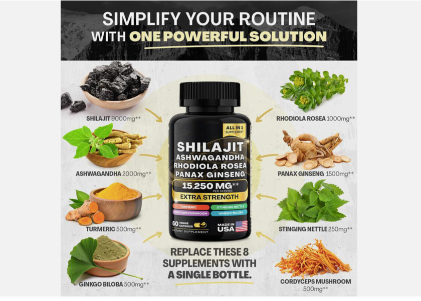 Shilajit 9000 Panax Ginseng 1500MG Ashwagandha 2000MG Rhodiola Rosea 1000MG, Turmeric 500MG, Gingko Biloba 500MG, Stinging Nettle 250MG, Cordyceps Mushroom 500MG (60 Caps) (Set of 2 bottles=120 capsules)