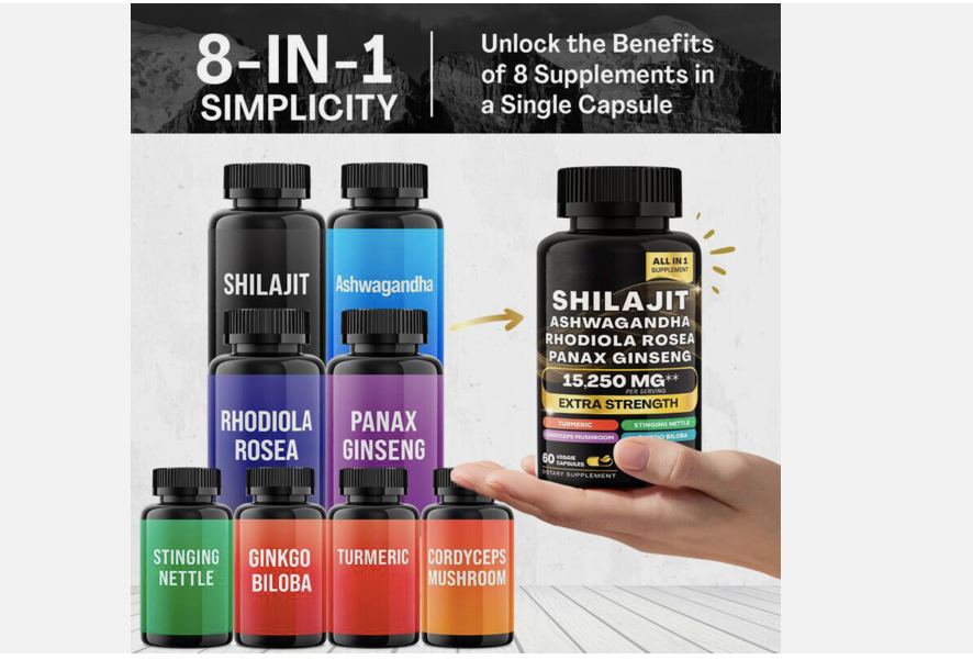 Shilajit 9000 Panax Ginseng 1500MG Ashwagandha 2000MG Rhodiola Rosea 1000MG, Turmeric 500MG, Gingko Biloba 500MG, Stinging Nettle 250MG, Cordyceps Mushroom 500MG (60 Caps) (Set of 2 bottles=120 capsules)