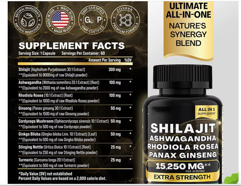 Shilajit 9000 Panax Ginseng 1500MG Ashwagandha 2000MG Rhodiola Rosea 1000MG, Turmeric 500MG, Gingko Biloba 500MG, Stinging Nettle 250MG, Cordyceps Mushroom 500MG (60 Caps) (Set of 2 bottles=120 capsules)