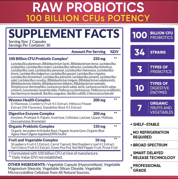 Organic 100 Billion CFU Probiotics Capsules Supplement- Vegan Digestive Health Support Gut Health Prebiotic- 34 Strain, Digestive Enzymes & Organic Fruits &Vegetables-Professional Grade-60 Capsules