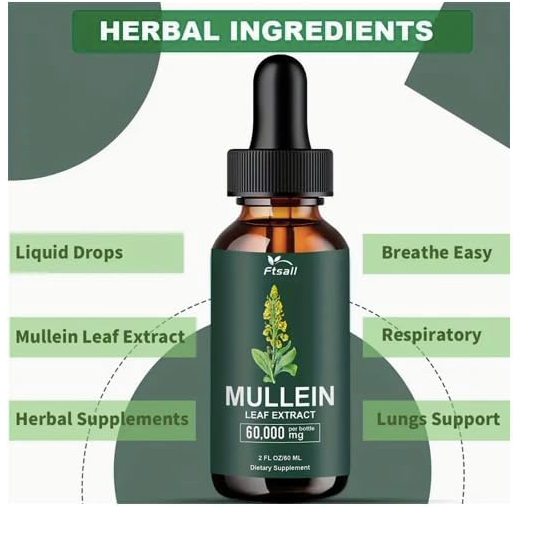 Mullein Lungs Drops No Chlorophyll – Made from Mullein Leaf Extract 60,000MG-Cleanse Lungs and Achieve Health Goals - Herbal Liquid Drops- Fast Absorption & Healthy Breathing-2 OZ