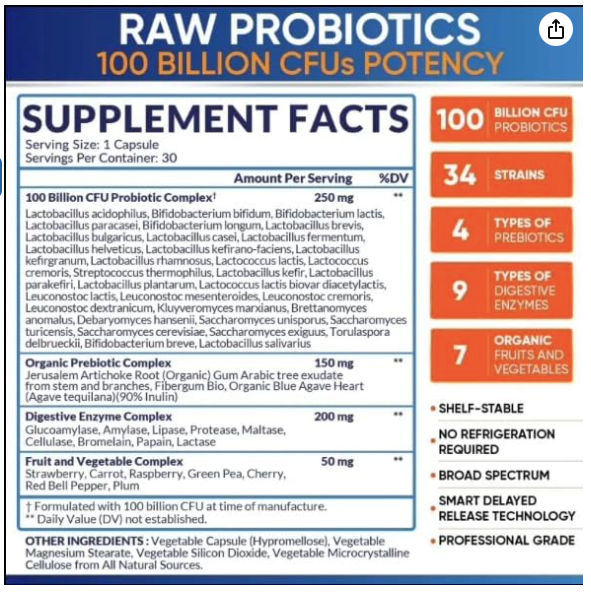 Organic 100 Billion CFU Probiotics Capsules Supplement- Vegan Digestive Health Support Gut Health Prebiotic- 34 Strain, Digestive Enzymes & Organic Fruits &Vegetables-Professional Grade-30 Capsules