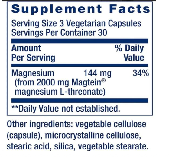 Magnesium L-Threonate Supplement, Magtein, Support Brain Health, Attention, Focus & Memory, Gluten Free, Non-GMO, 90 Capsules.