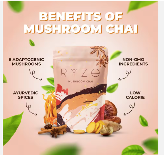 RYZE-Style Decaf Mushroom Chai Latte – Caffeine-Free Adaptogenic Blend with Lion’s Mane, Turkey Tail & Shiitake for Focus, Calm Energy & Immune Support | Organic Chai Mushroom Coffee Alternative 20 Servings