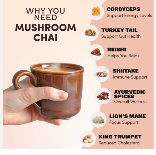 RYZE-Style Decaf Mushroom Chai Latte – Caffeine-Free Adaptogenic Blend with Lion’s Mane, Turkey Tail & Shiitake for Focus, Calm Energy & Immune Support | Organic Chai Mushroom Coffee Alternative 20 Servings