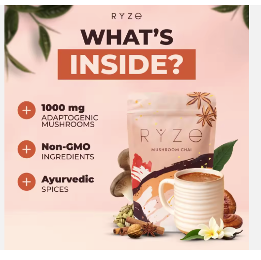 RYZE-Style Decaf Mushroom Chai Latte – Caffeine-Free Adaptogenic Blend with Lion’s Mane, Turkey Tail & Shiitake for Focus, Calm Energy & Immune Support | Organic Chai Mushroom Coffee Alternative 20 Servings