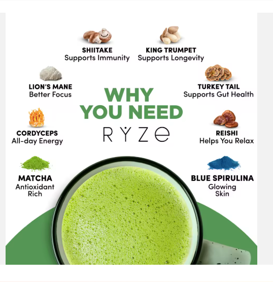 RYZE-Style Organic Mushroom Matcha Powder – Ceremonial Grade Green Tea with 6 Adaptogenic Mushrooms for Calm Energy, Focus & Immunity | Premium Matcha Latte Blend With Spoon