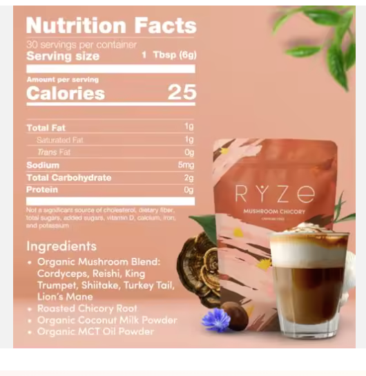 Ryze Chicory Organic Mushroom Coffee Substitute – Keto Decaf Chicory Blend with 6 Adaptogenic Mushrooms for Natural Energy, Focus & Gut Health | Caffeine-Free Coffee Alternative for Digestion & Wellness (30 Servings)